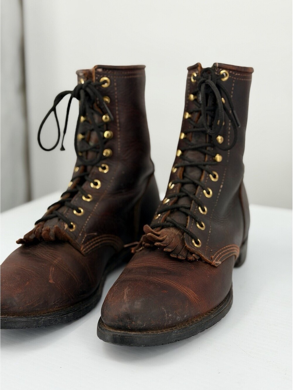 Vintage B Tuff USA Packer Roper Boots Mens size 9 Brown Leather Oil/slip proof